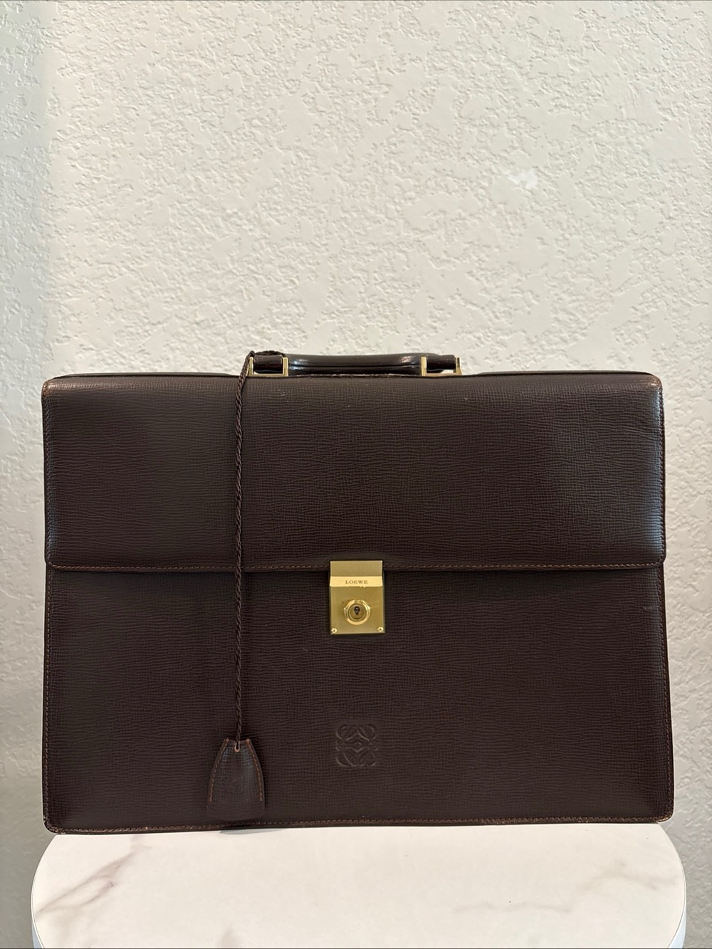 Loewe Dark Brown Leather Briefcase Anagram with Key